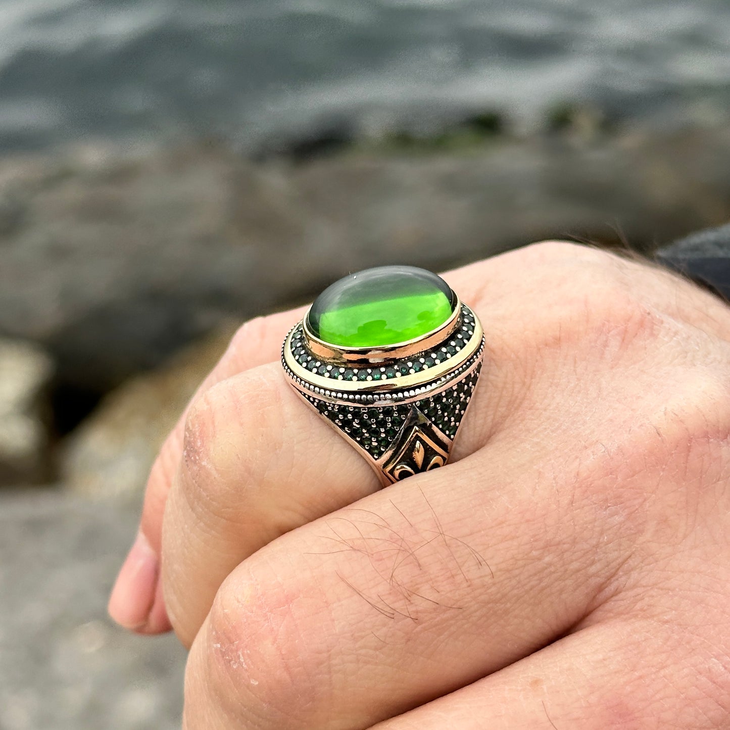 Men Handmade Oval Green Zircon Emerald Stone Ottoman Style Ring