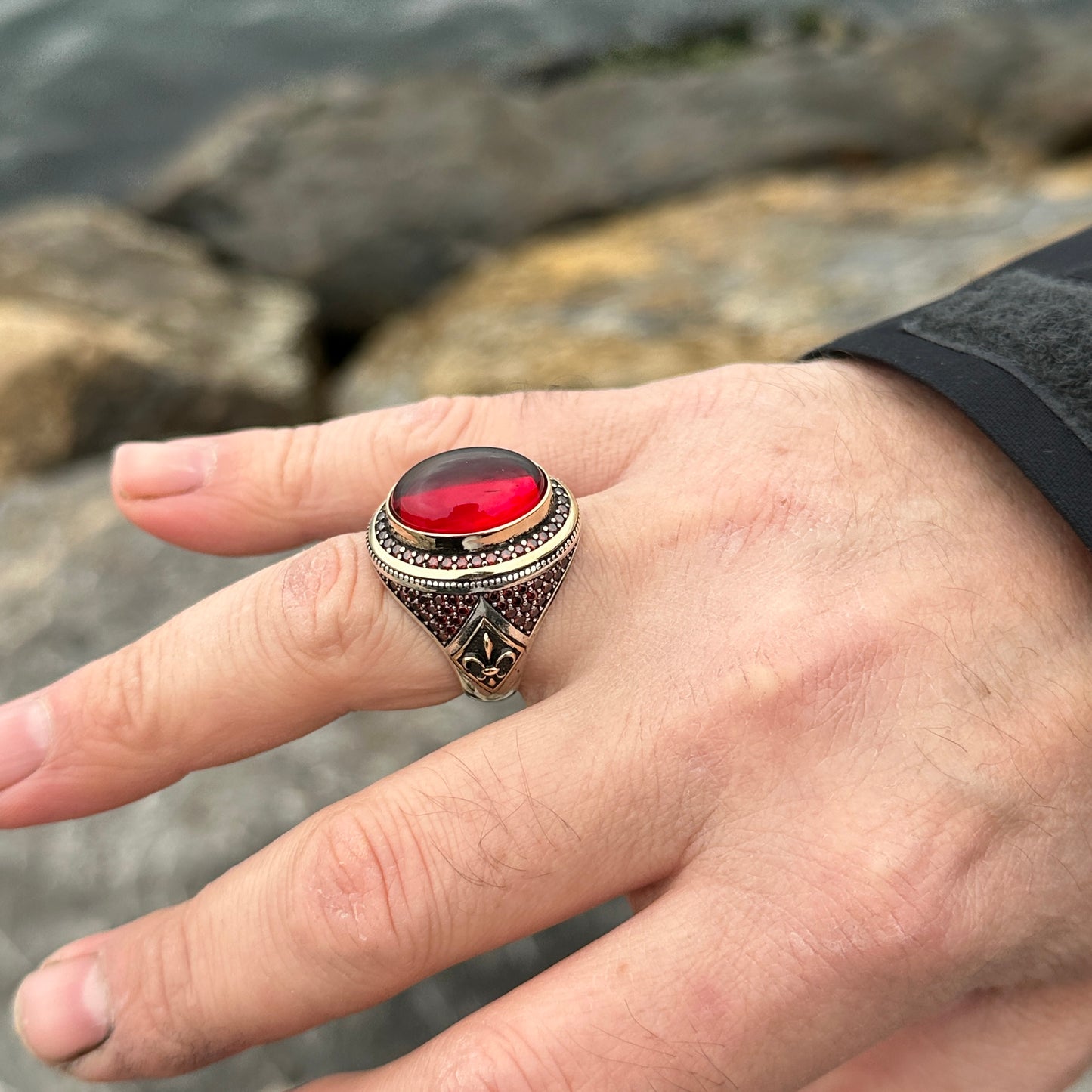 Men Ottoman Style Ruby Stone Silver Ring
