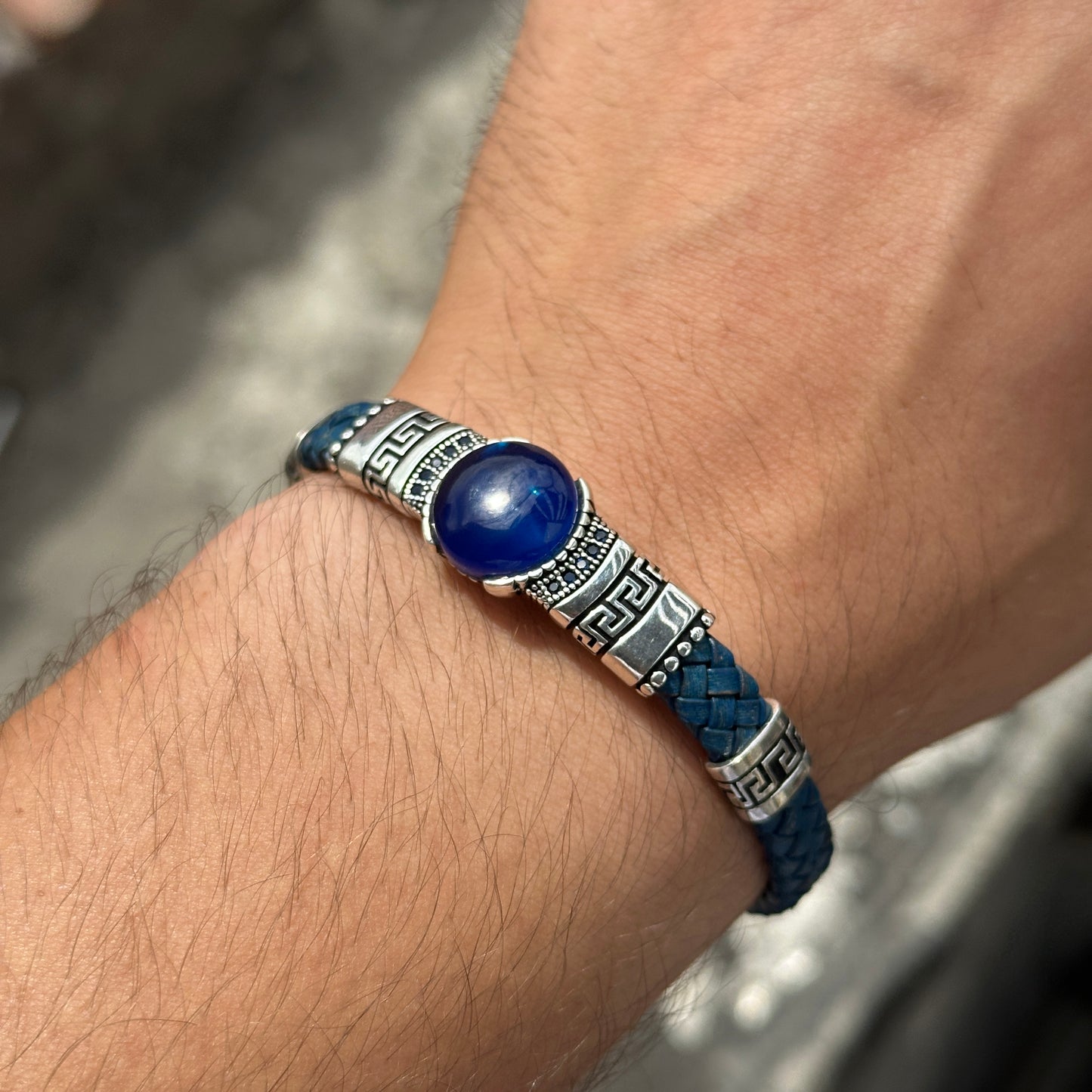 Men Silver Sapphire Stone Blue Leather Bracelet