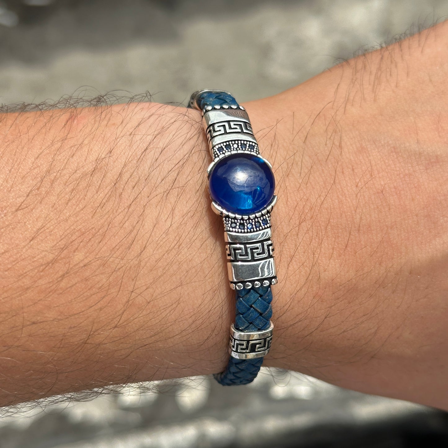 Men Silver Sapphire Stone Blue Leather Bracelet