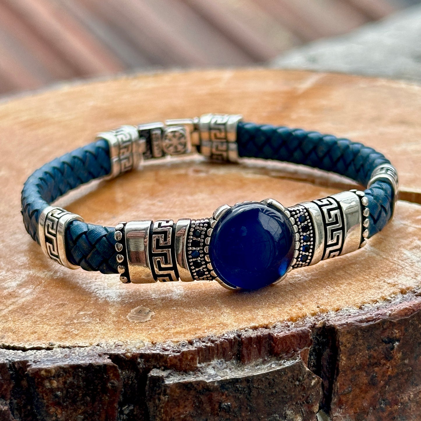 Men Silver Sapphire Stone Blue Leather Bracelet