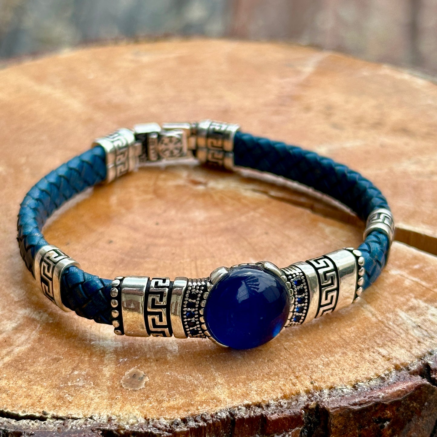 Men Silver Sapphire Stone Blue Leather Bracelet