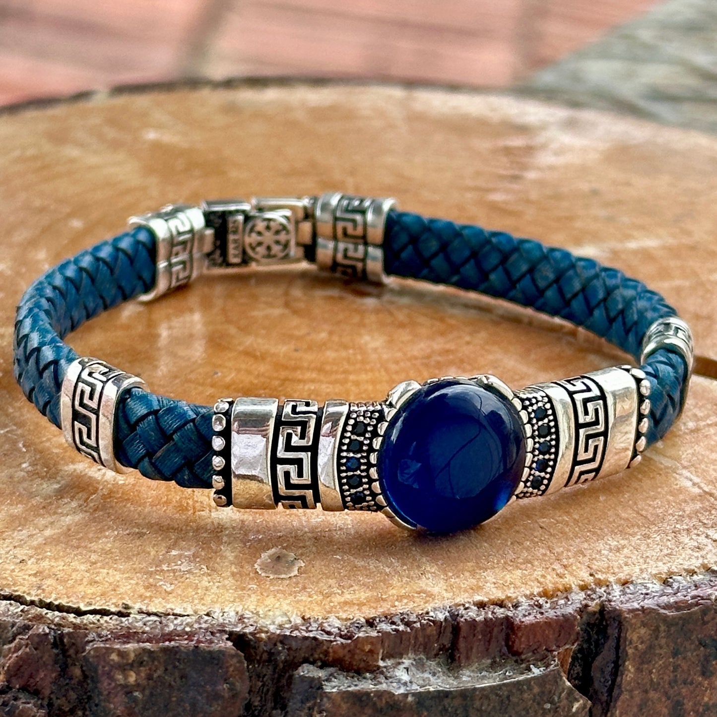 Men Silver Sapphire Stone Blue Leather Bracelet