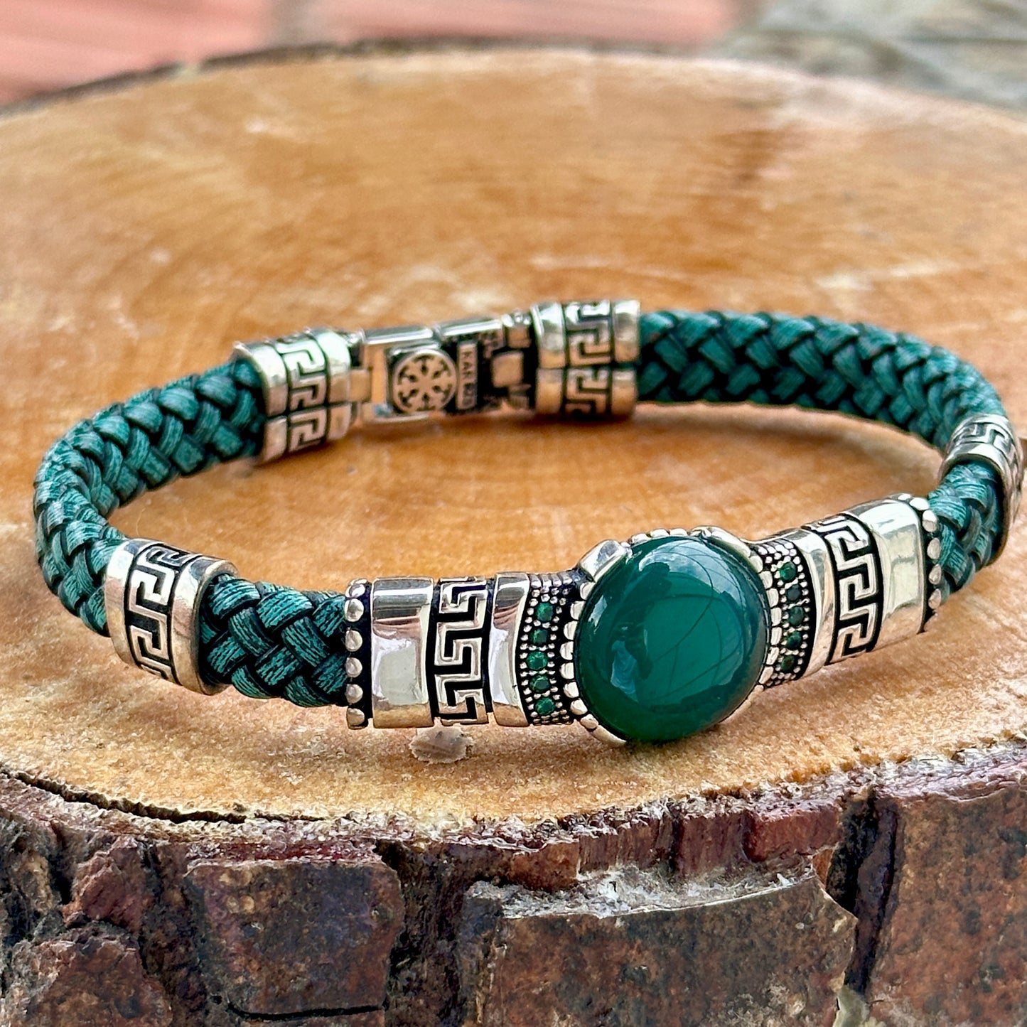 Men Silver Green Emerald Leather Bracelet