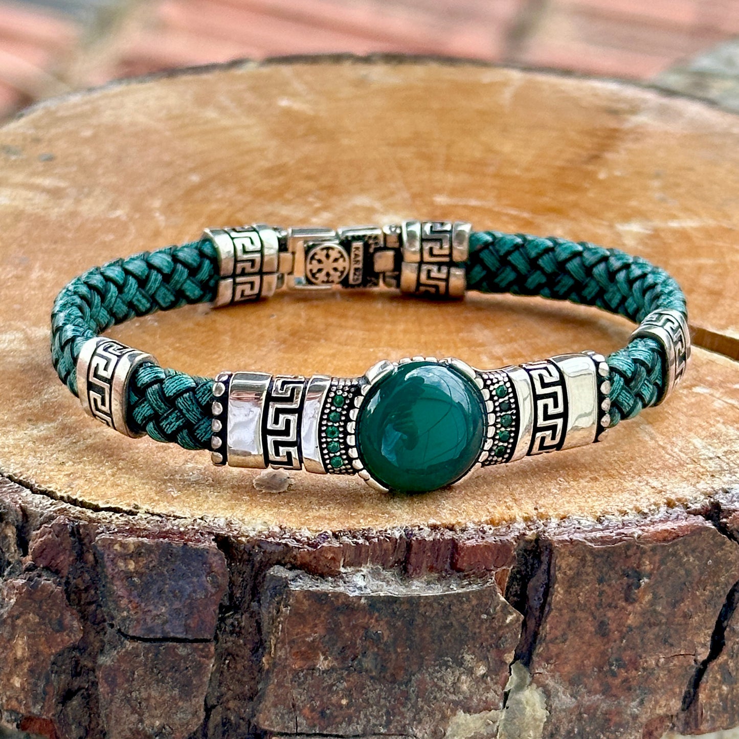 Men Silver Green Emerald Leather Bracelet