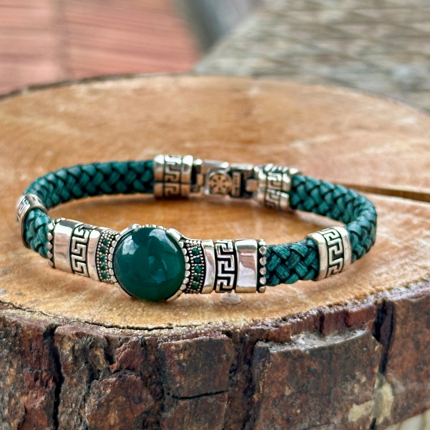 Men Silver Green Emerald Leather Bracelet