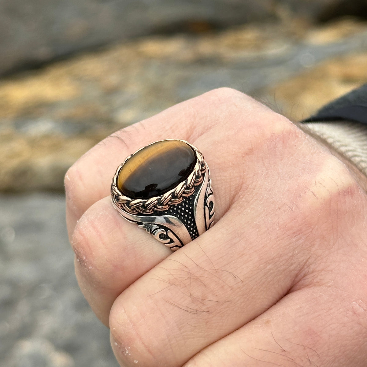 Men Handmade Oval Natural Tiger Eye Gemstone Ring