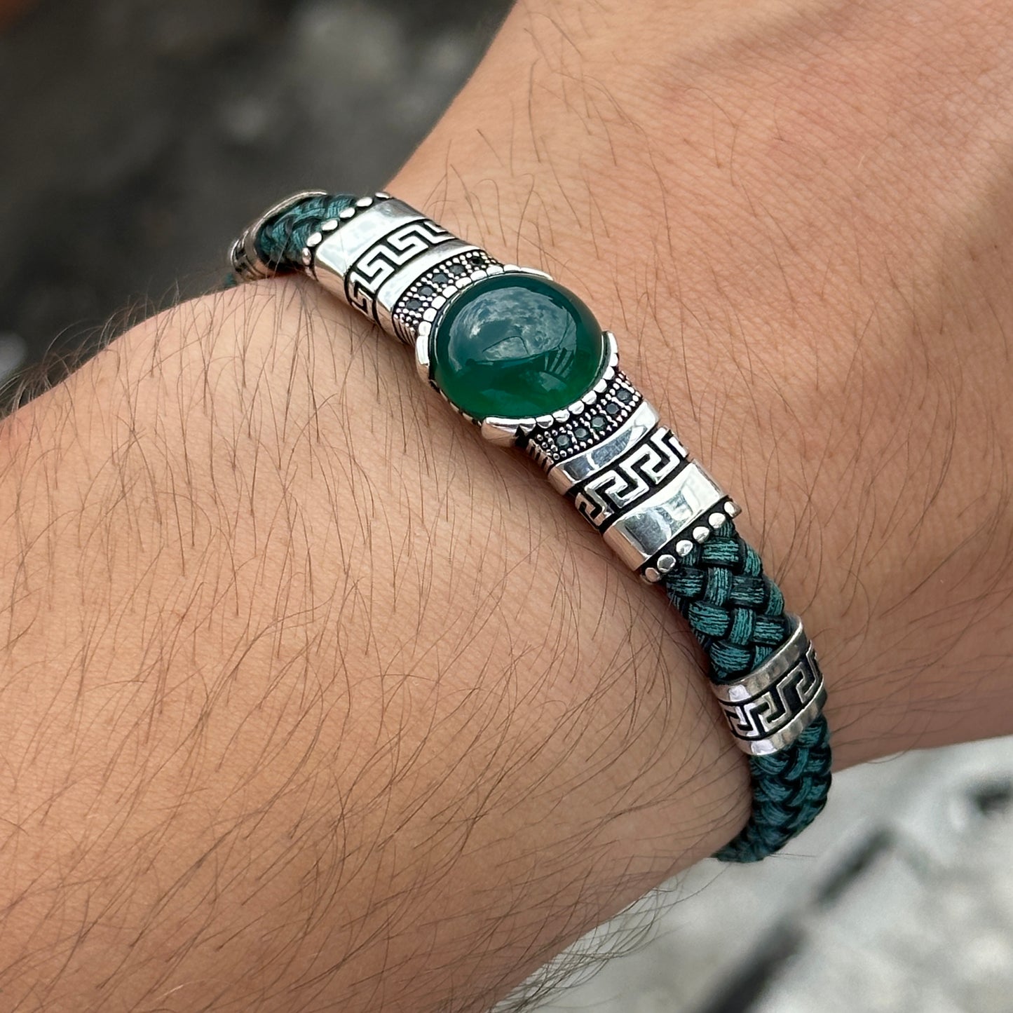 Men Silver Green Emerald Leather Bracelet