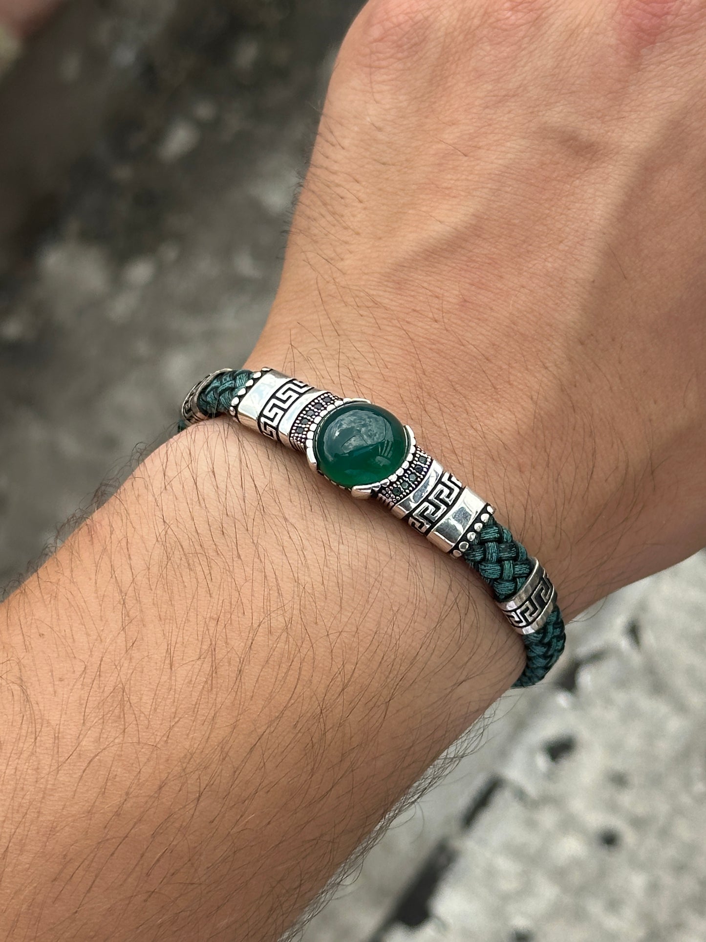 Men Silver Green Emerald Leather Bracelet