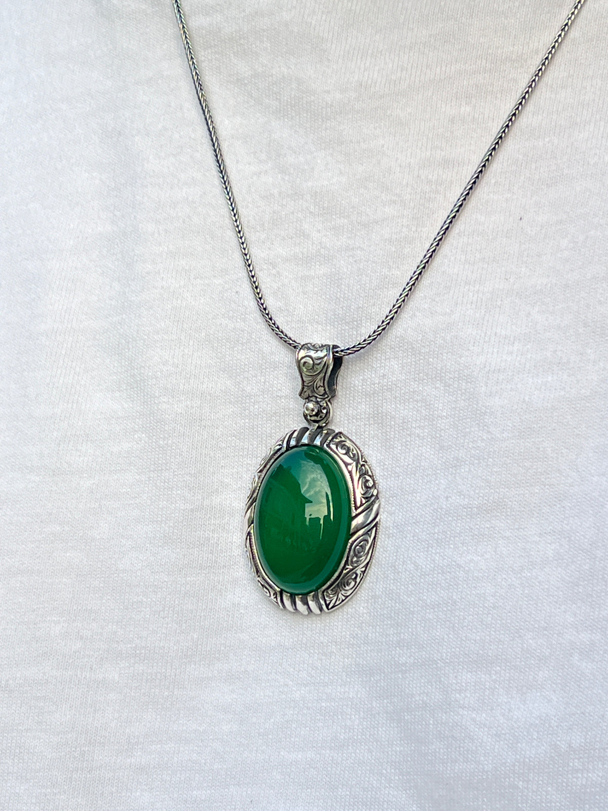 Silver Handmade Natural Green Jade Gemstone Necklace
