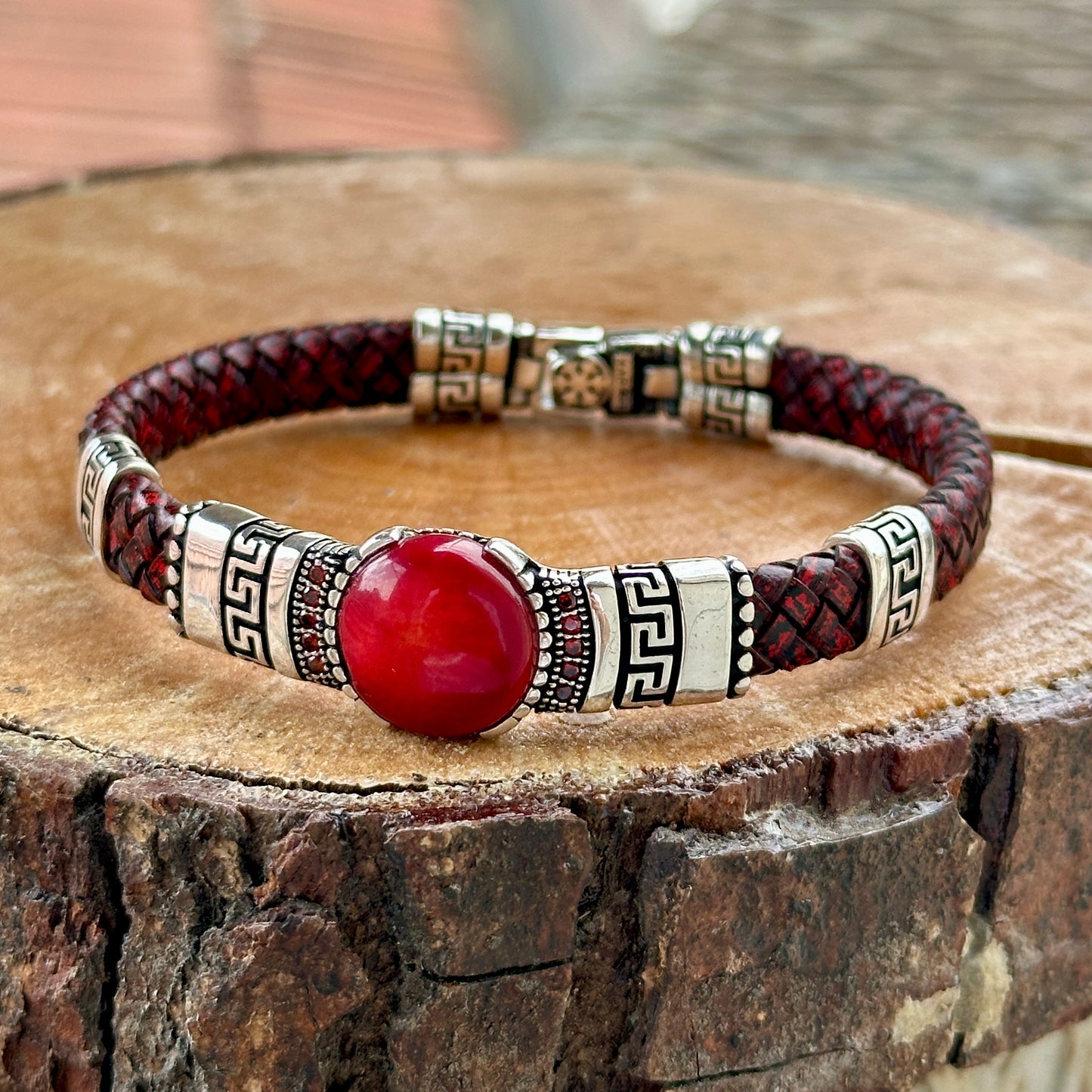 Men Silver Ruby And Coral Gemstone Red Leather Bracelet