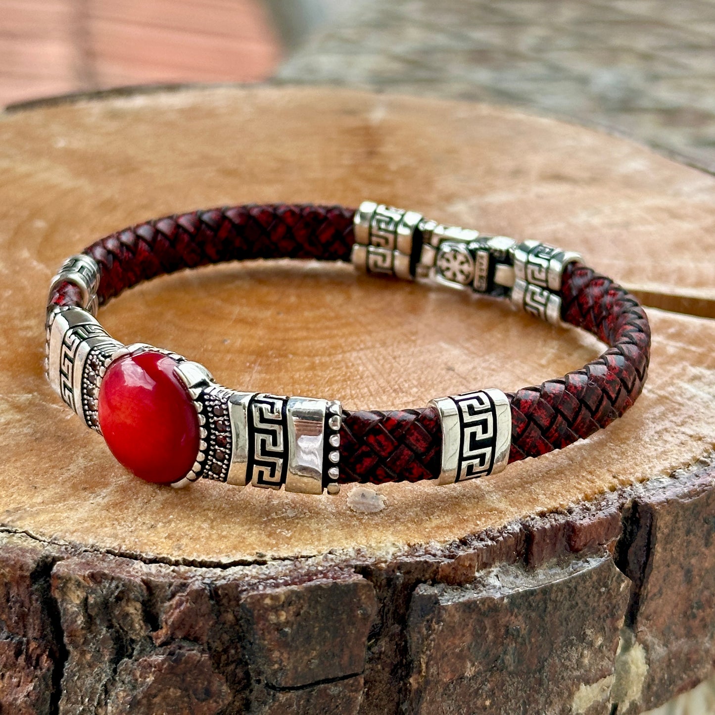 Men Silver Ruby And Coral Gemstone Red Leather Bracelet