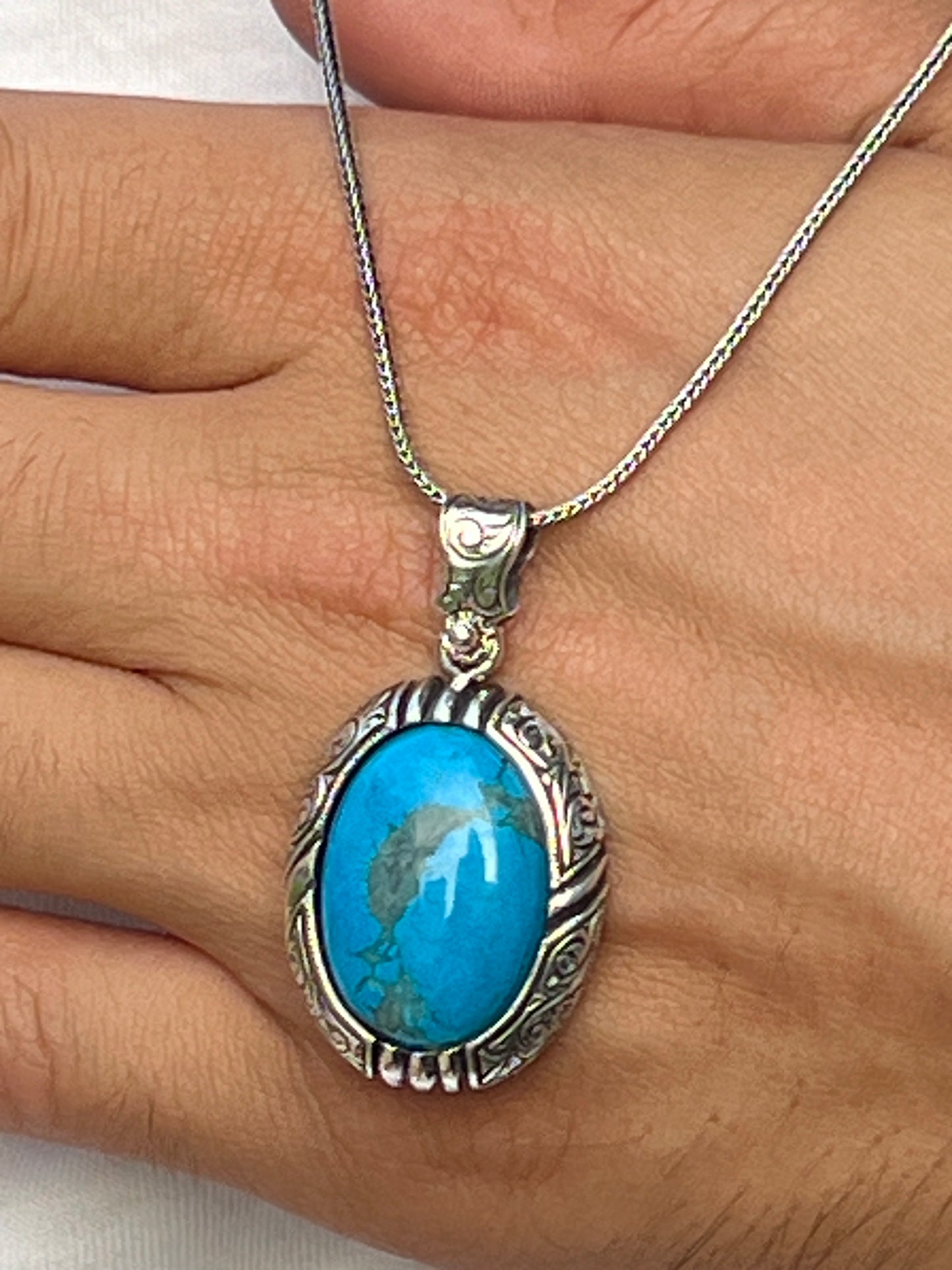 Silver Handmade Engraved Natural Turquoise Gemstone Necklace