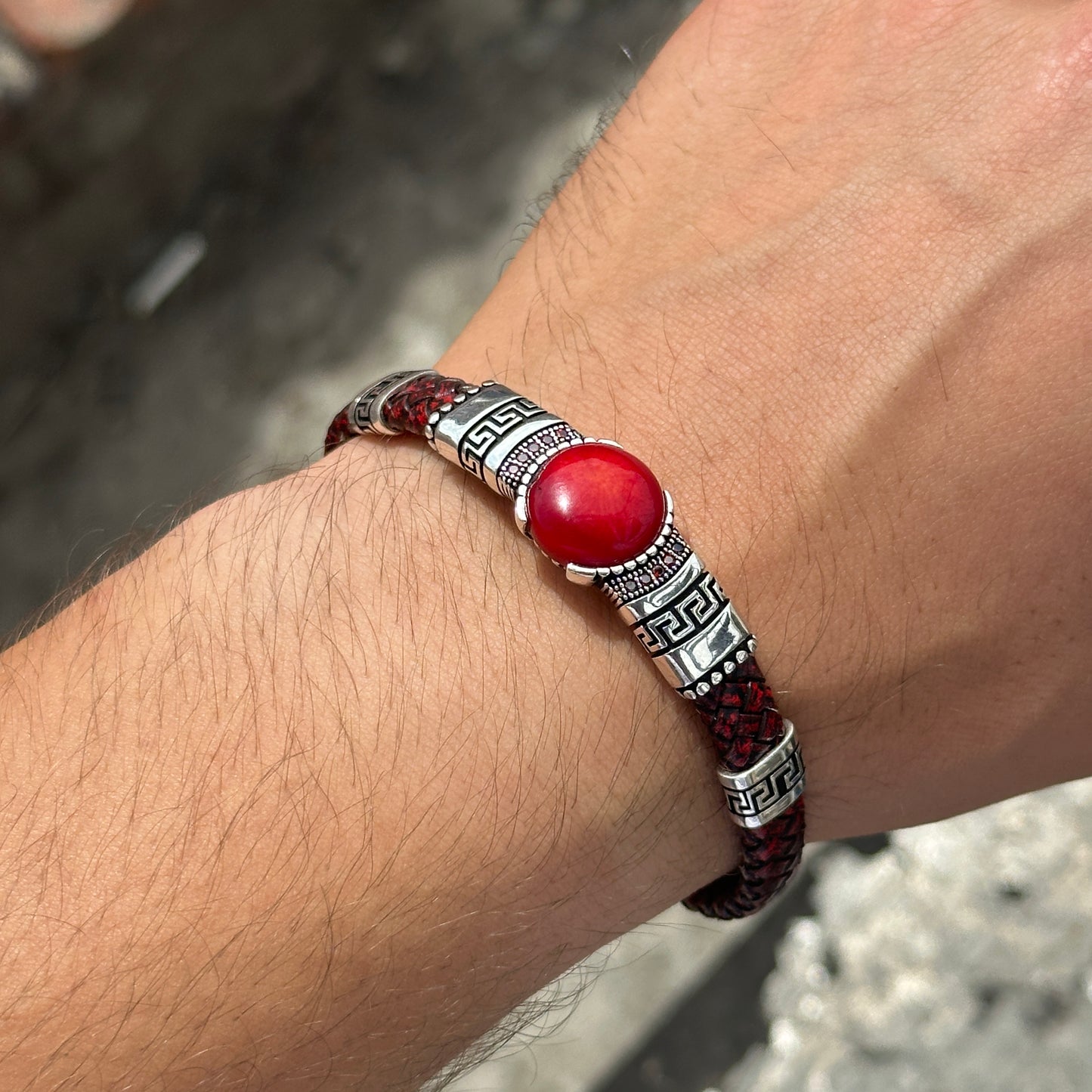 Men Silver Ruby And Coral Gemstone Red Leather Bracelet