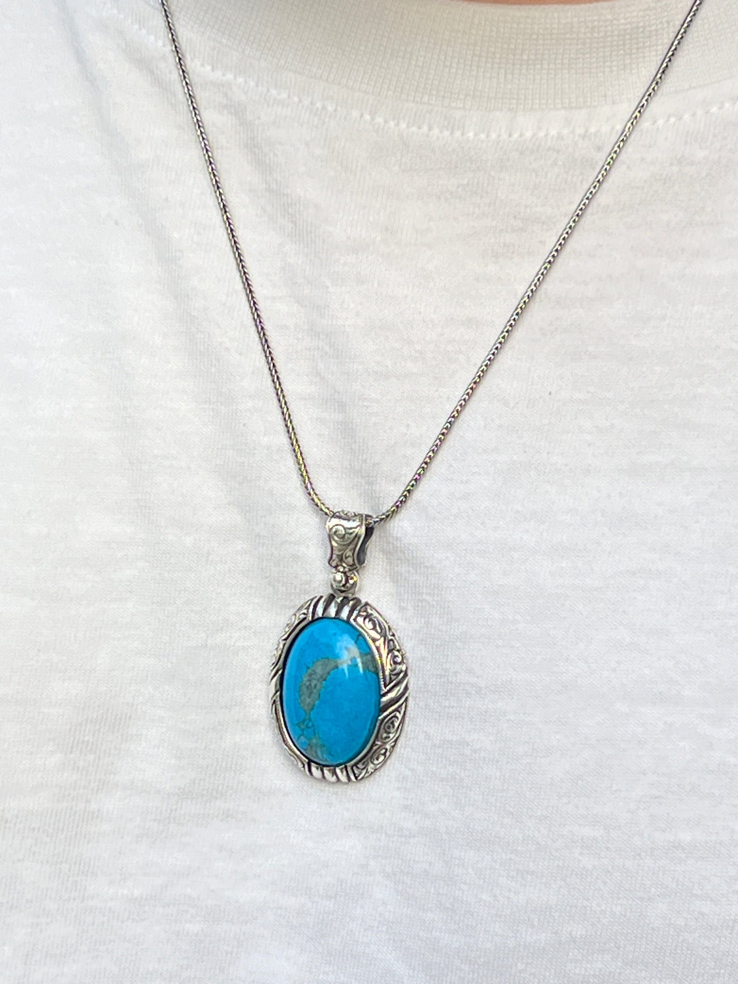 Silver Handmade Engraved Natural Turquoise Gemstone Necklace