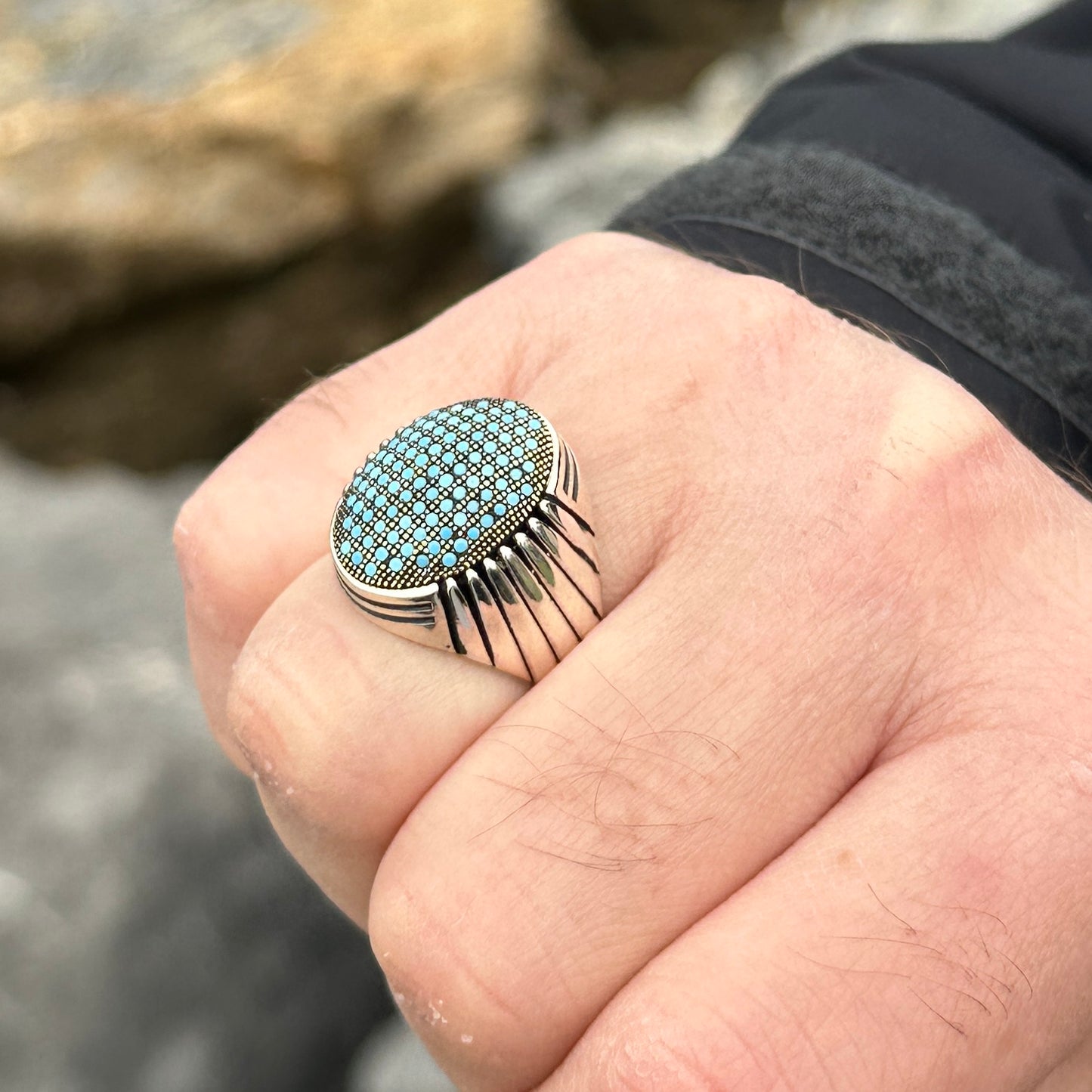 Men Handmade Micro Turquoise Stone Silver Ring