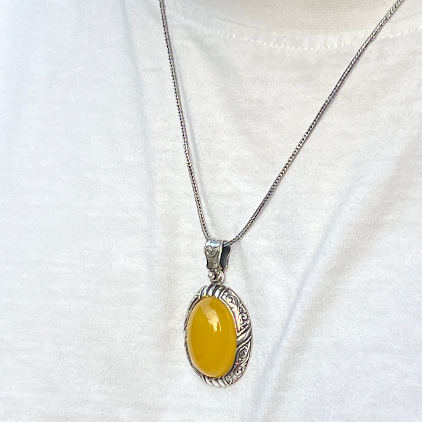 Men Silver Handmade Engraved Yellow Agate Necklace