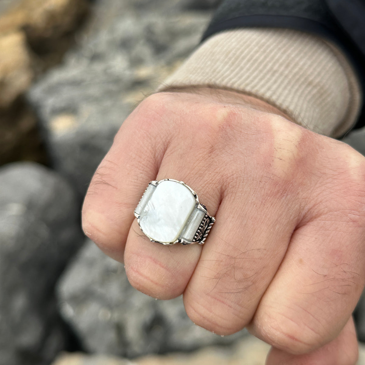 Anillo de plata con sello de nácar para hombre, anillo de concha de perla blanca