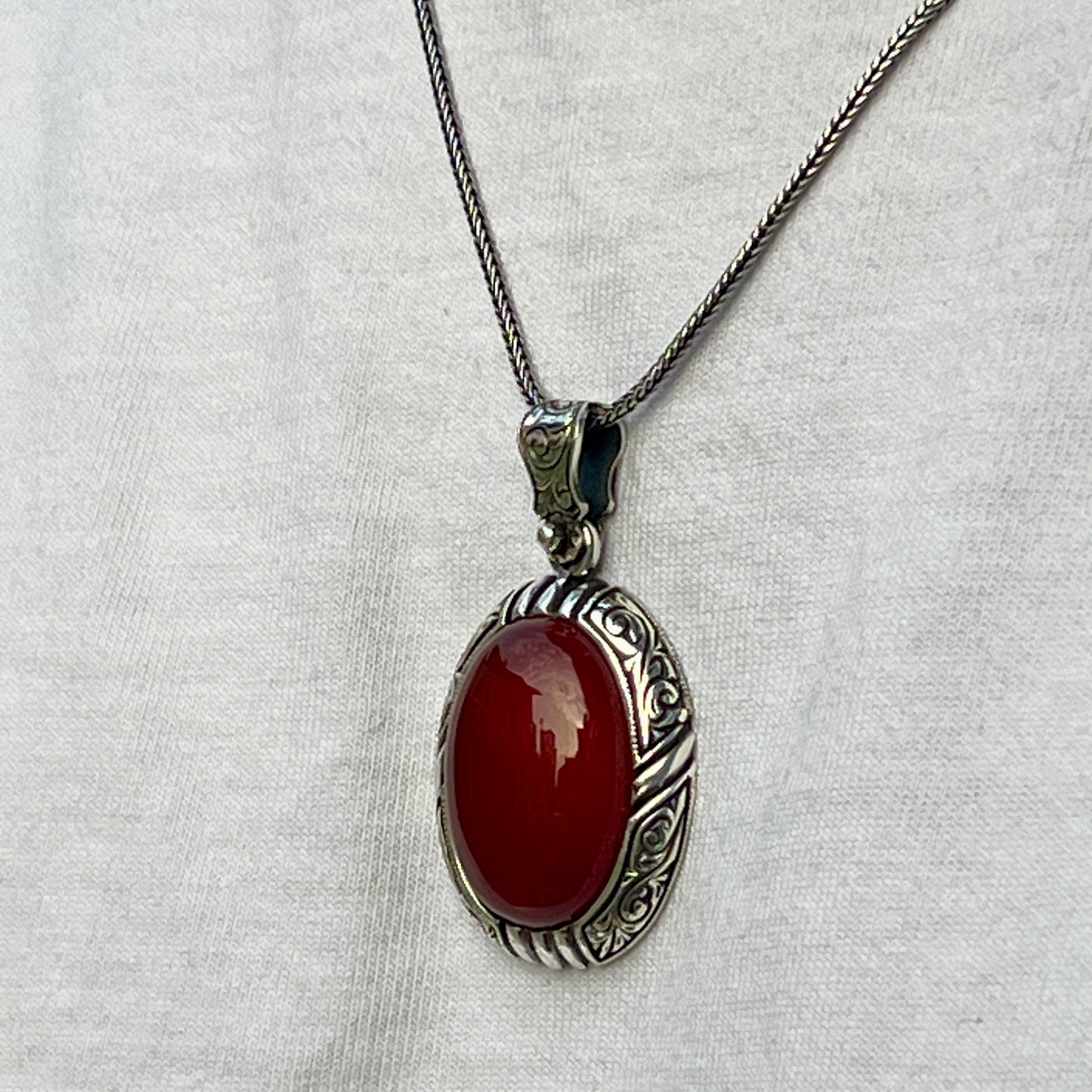 Silver Red Carnelian Agate Engraved Necklace