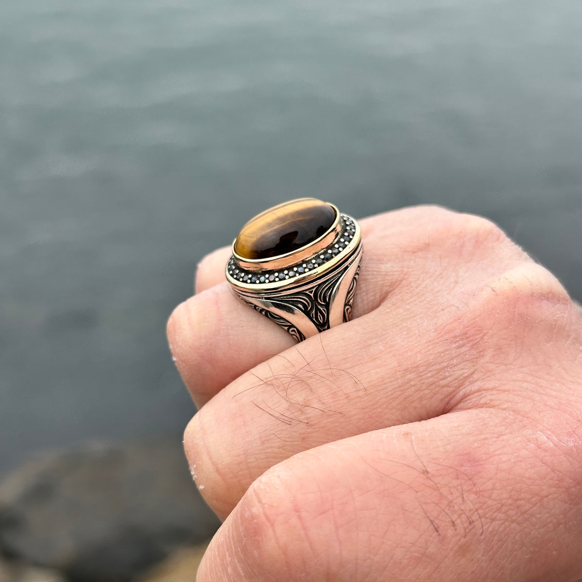 Men Handmade Natural Oval Tiger Eye Gemstone Ring