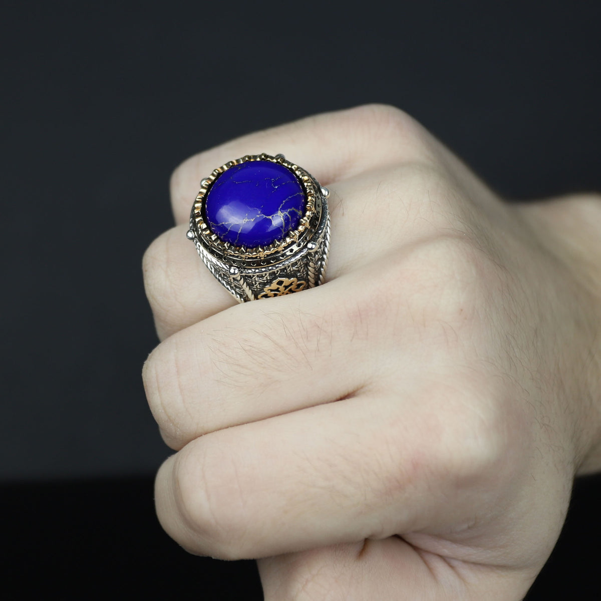 925 Sterling Silver Round Natural Lapis Lazuli Ottoman Style Ring