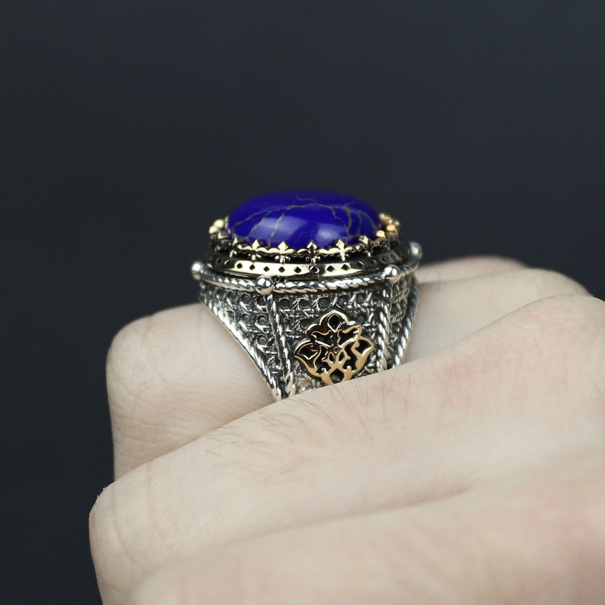 925 Sterling Silver Round Natural Lapis Lazuli Ottoman Style Ring