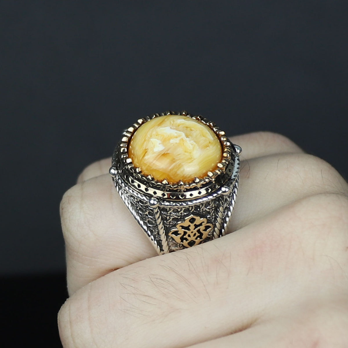 925 Silver Handmade Round Natural Yellow Agate Gemstone Ring