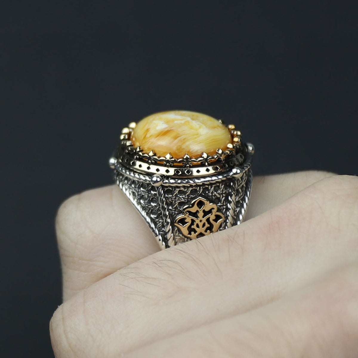 925 Silver Handmade Round Natural Yellow Agate Gemstone Ring