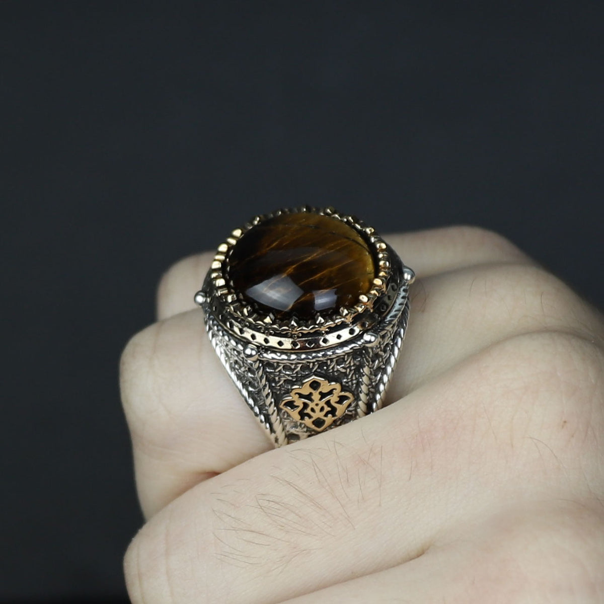 925 Silver Men Handmade Round Tiger Eye Gemstone Ring