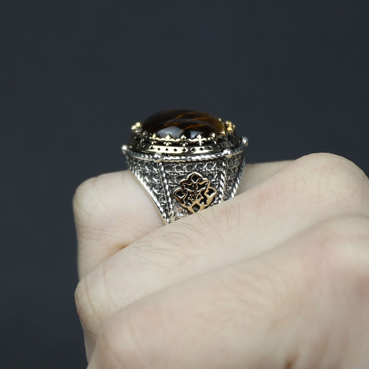 925 Silver Men Handmade Round Tiger Eye Gemstone Ring