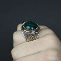 Men Turkish Handmade Round Green Agate Gemstone Ring