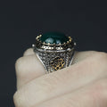 Men Turkish Handmade Round Green Agate Gemstone Ring
