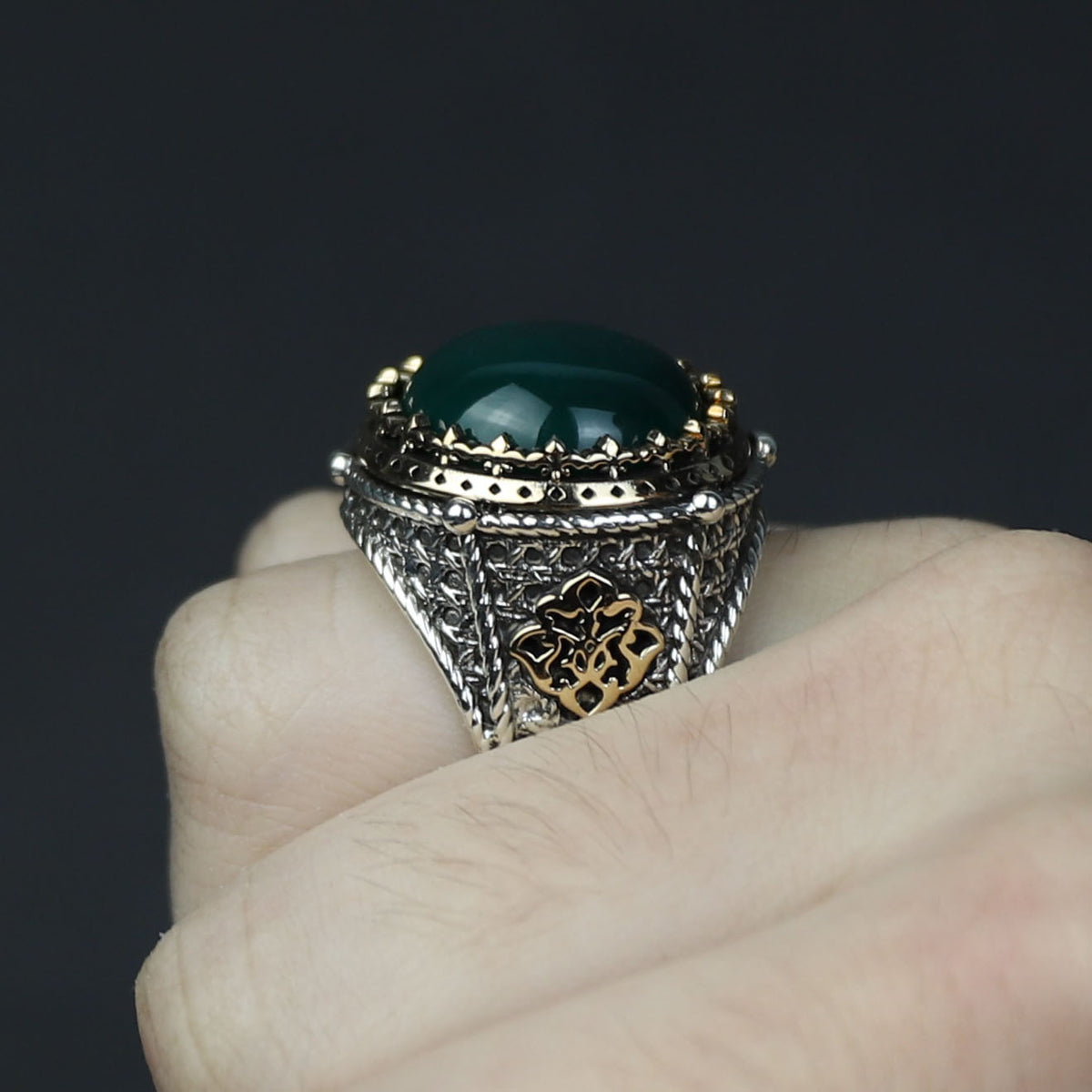 Men Turkish Handmade Round Green Agate Gemstone Ring