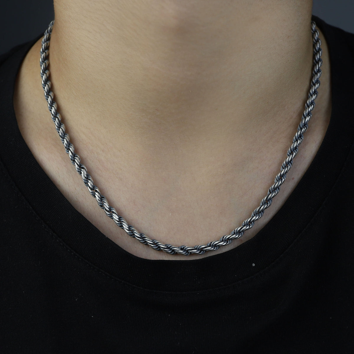 925 Sterling Silver 5mm Oxidized Rope Chain Necklace for Men