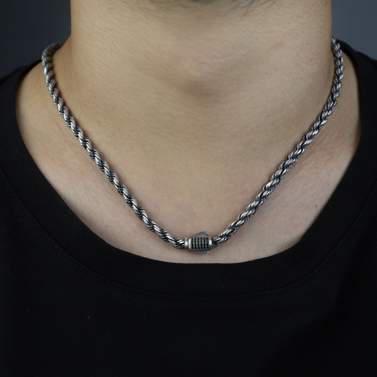 925 Sterling Silver 5mm Oxidized Rope Chain Necklace for Men