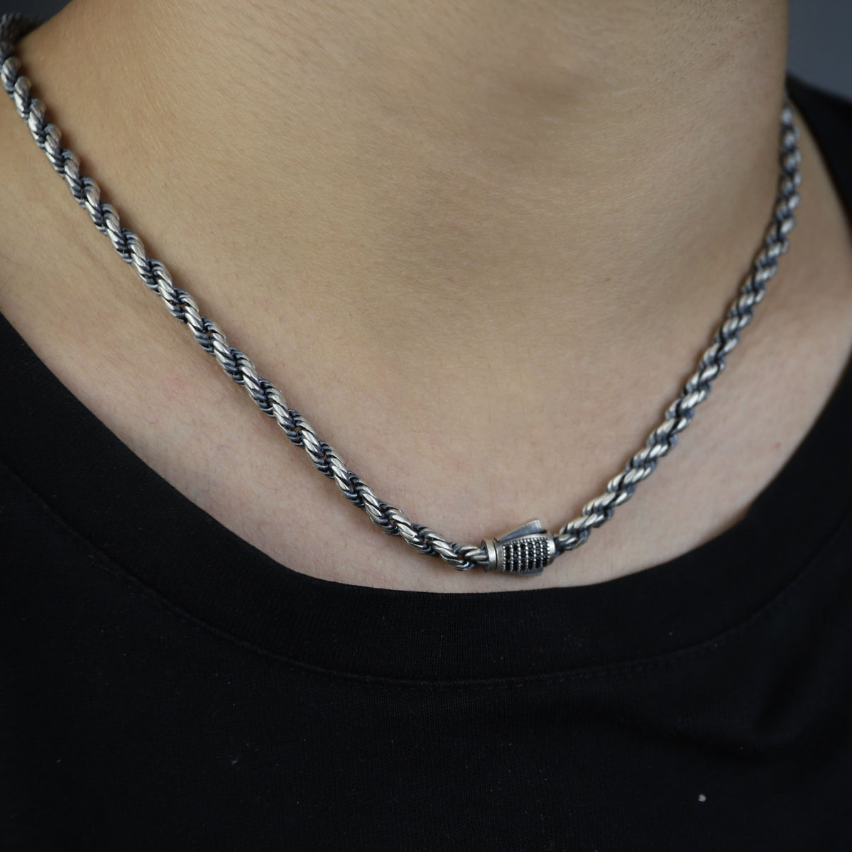 925 Sterling Silver 5mm Oxidized Rope Chain Necklace for Men