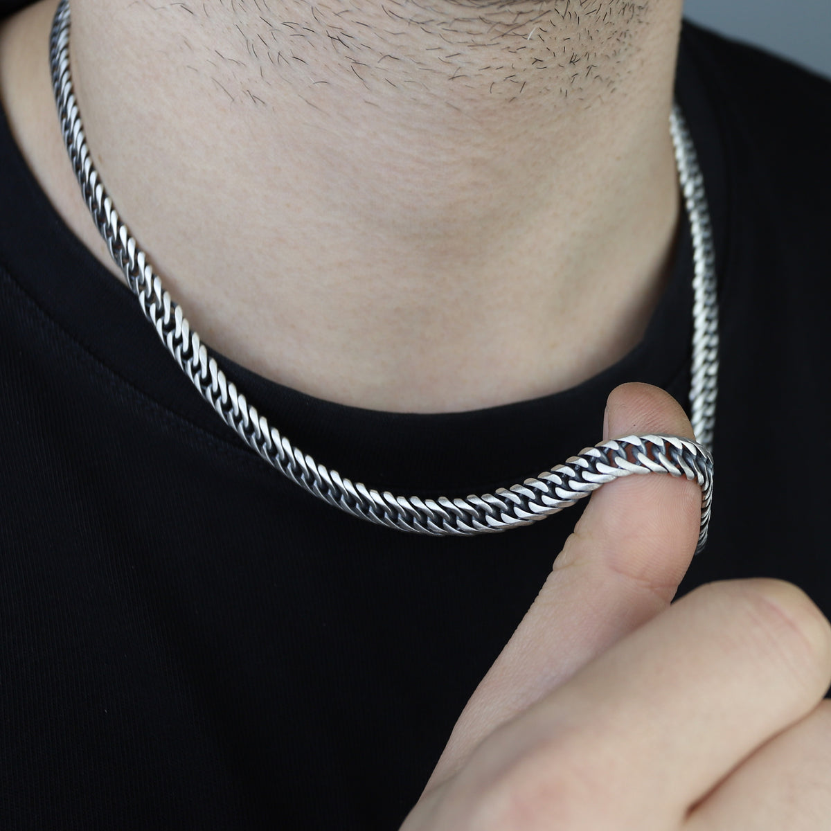 Men Handmade Solid Silver Curb Chain Oxized Necklace