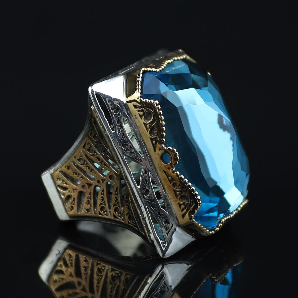 925 Silver Large Aquamarine Ring, Men Big Statement Men Ring, Ottoman Style Ring, Turkish Handmade Sterling Silver, Father Day Gift