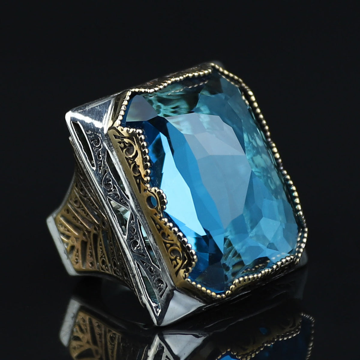 925 Silver Large Aquamarine Ring, Men Big Statement Men Ring, Ottoman Style Ring, Turkish Handmade Sterling Silver, Father Day Gift