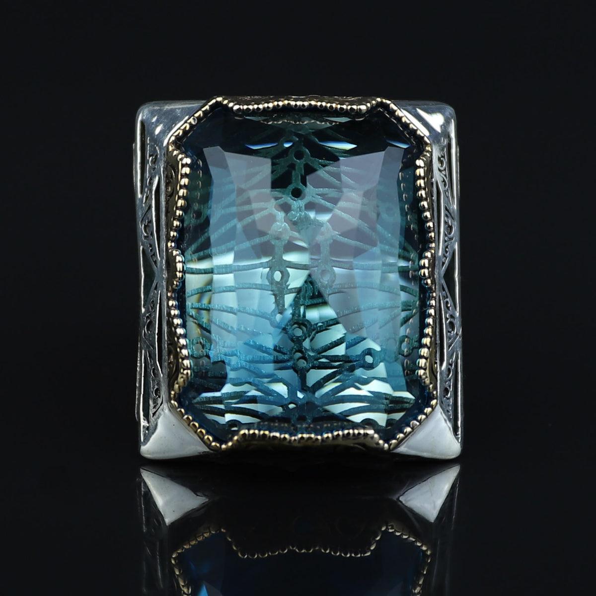 925 Silver Large Aquamarine Ring, Men Big Statement Men Ring, Ottoman Style Ring, Turkish Handmade Sterling Silver, Father Day Gift