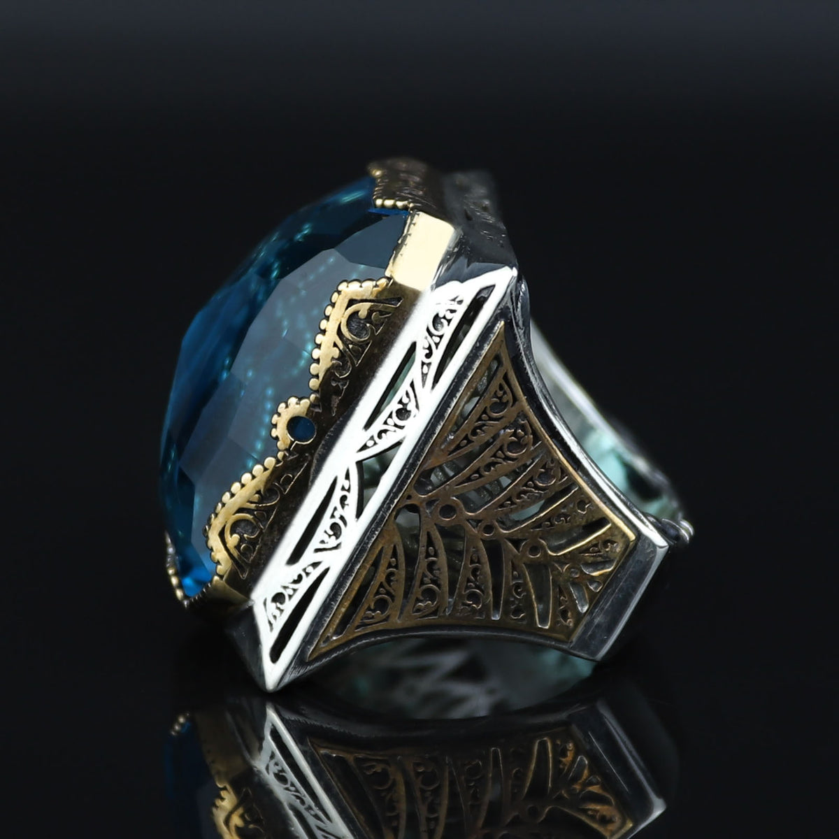 925 Silver Large Aquamarine Ring, Men Big Statement Men Ring, Ottoman Style Ring, Turkish Handmade Sterling Silver, Father Day Gift