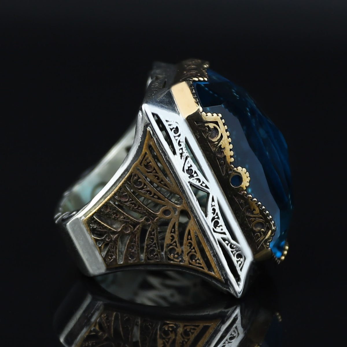 925 Silver Large Aquamarine Ring, Men Big Statement Men Ring, Ottoman Style Ring, Turkish Handmade Sterling Silver, Father Day Gift