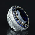 925 Men Silver Large Sapphire Ring, Large Dark Sapphire Ring, Turkish Handmade Men Ring, Blue Vintage Sapphire Ring, Ottoman Ring