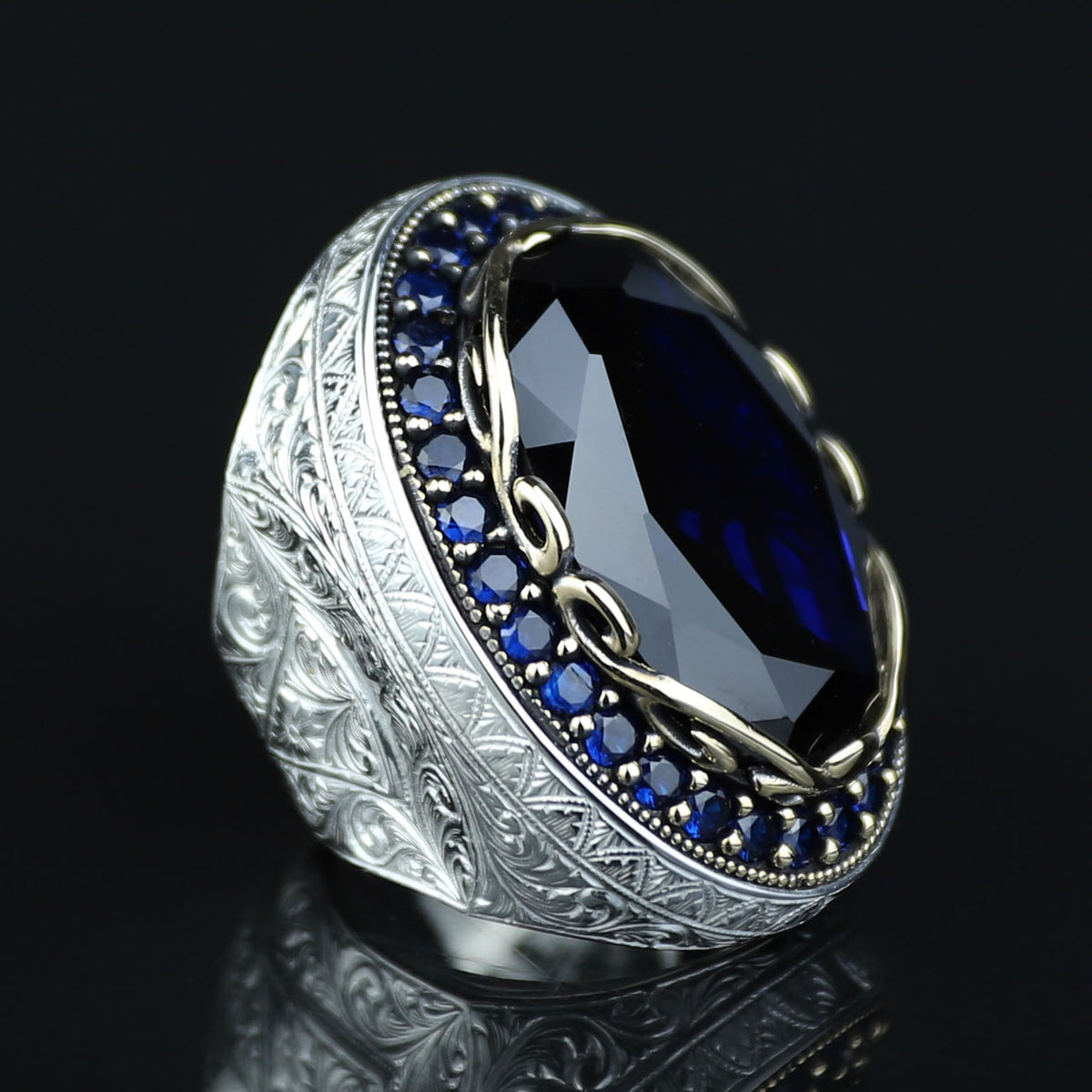 925 Men Silver Large Sapphire Ring, Large Dark Sapphire Ring, Turkish Handmade Men Ring, Blue Vintage Sapphire Ring, Ottoman Ring