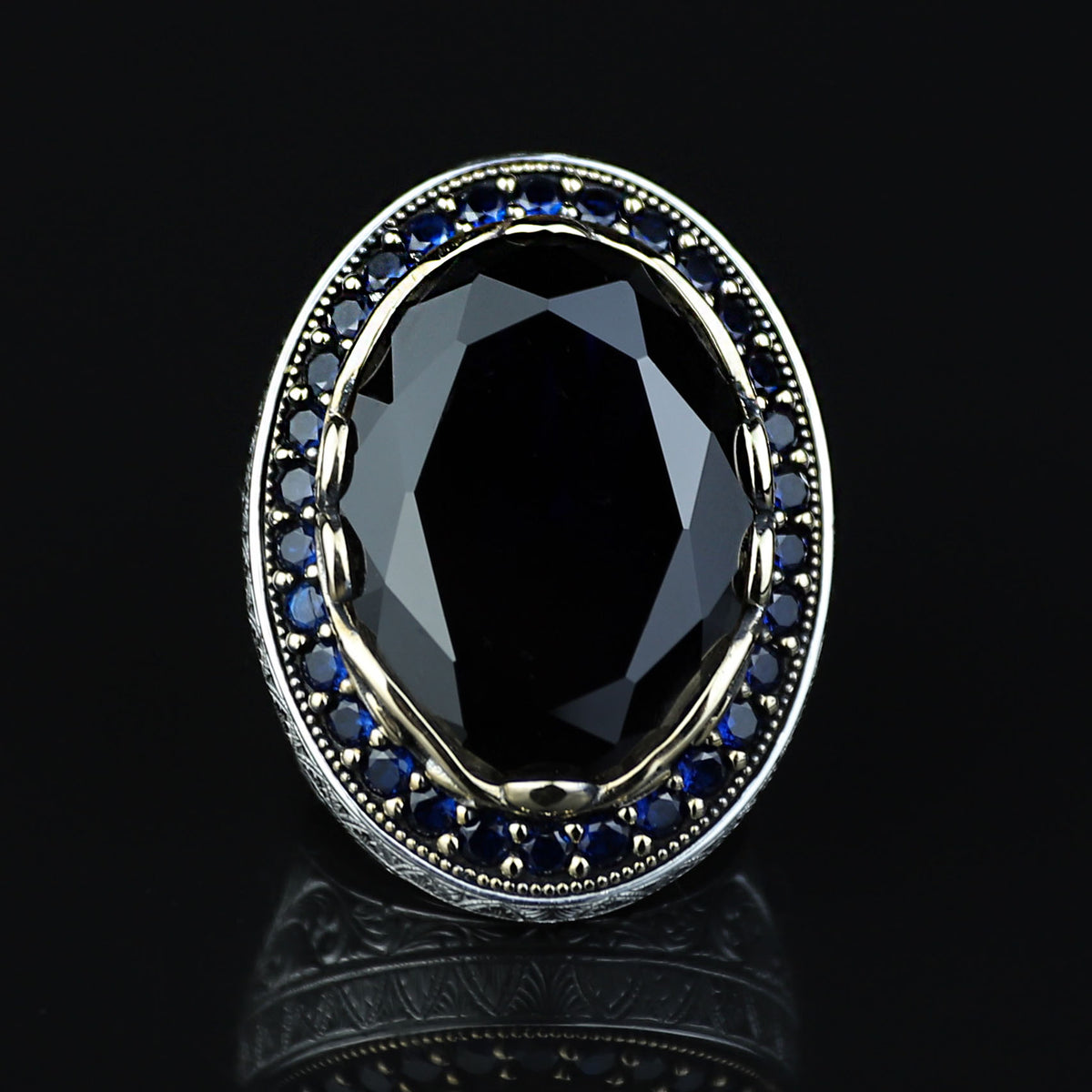 925 Men Silver Large Sapphire Ring, Large Dark Sapphire Ring, Turkish Handmade Men Ring, Blue Vintage Sapphire Ring, Ottoman Ring