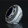 925 Men Silver Large Sapphire Ring, Large Dark Sapphire Ring, Turkish Handmade Men Ring, Blue Vintage Sapphire Ring, Ottoman Ring