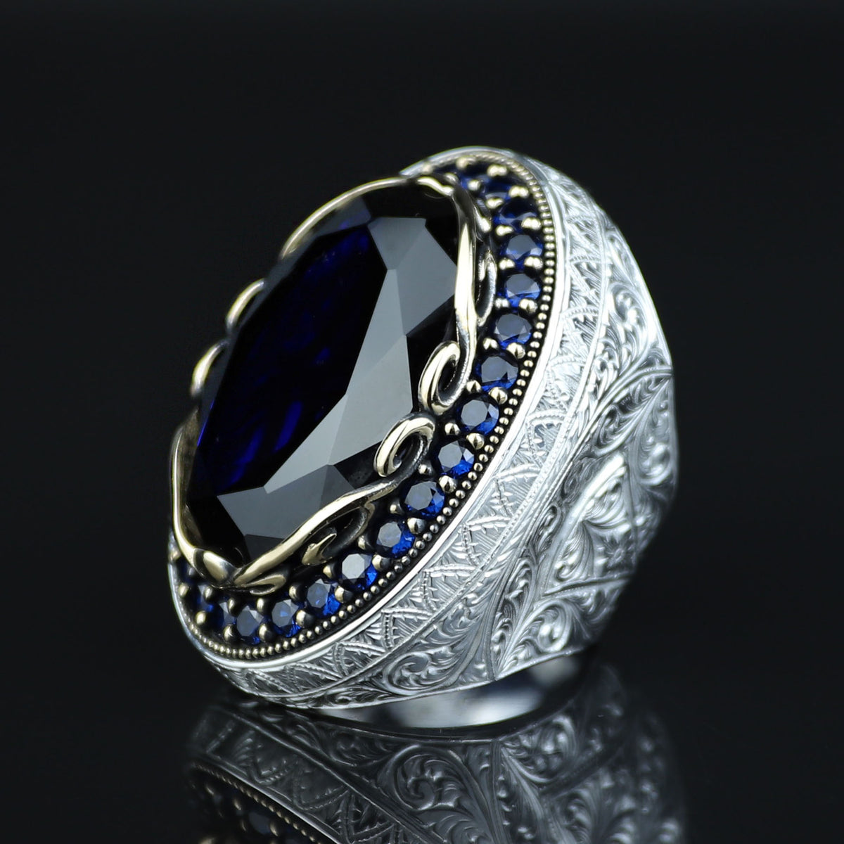 925 Men Silver Large Sapphire Ring, Large Dark Sapphire Ring, Turkish Handmade Men Ring, Blue Vintage Sapphire Ring, Ottoman Ring