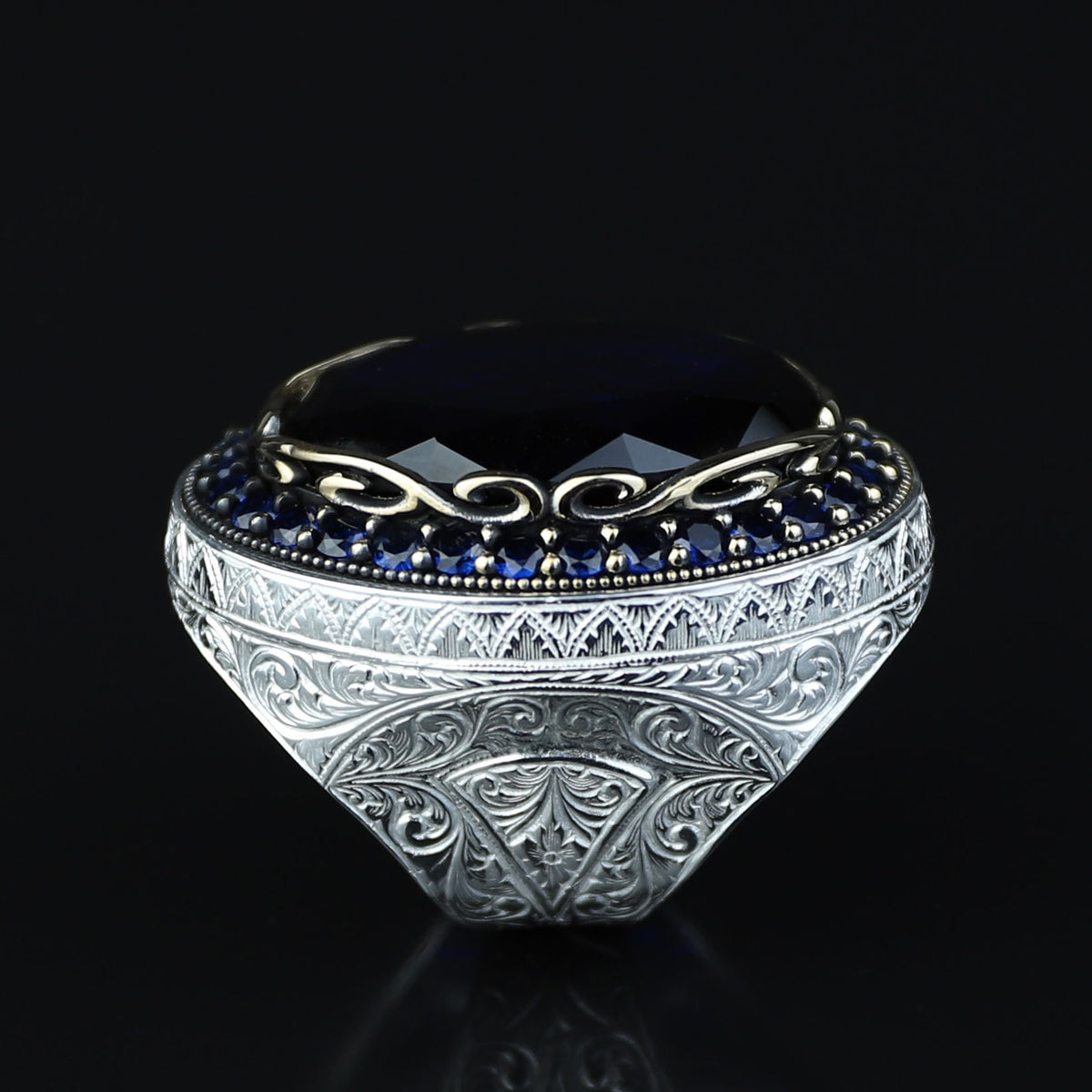 925 Men Silver Large Sapphire Ring, Large Dark Sapphire Ring, Turkish Handmade Men Ring, Blue Vintage Sapphire Ring, Ottoman Ring