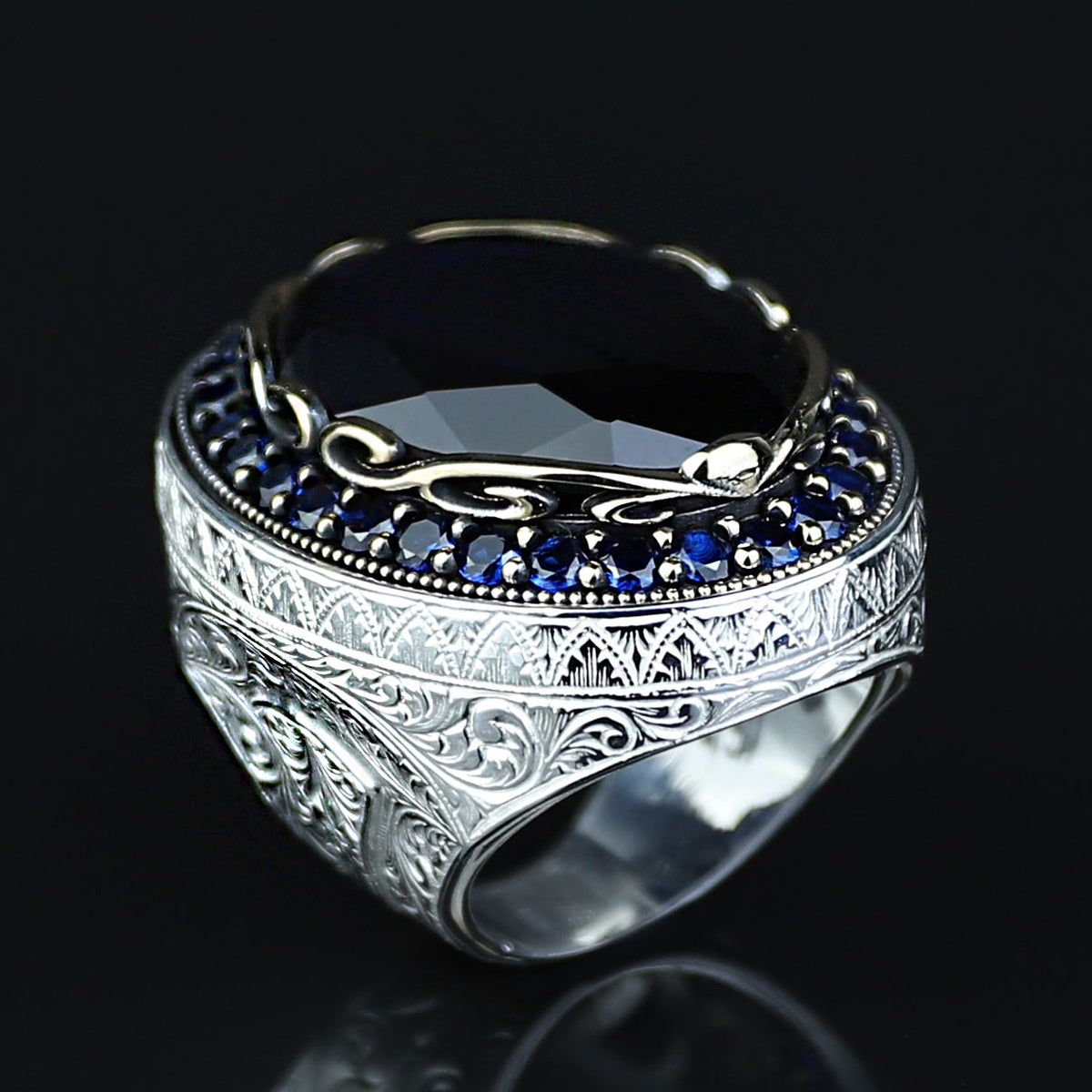 925 Men Silver Large Sapphire Ring, Large Dark Sapphire Ring, Turkish Handmade Men Ring, Blue Vintage Sapphire Ring, Ottoman Ring