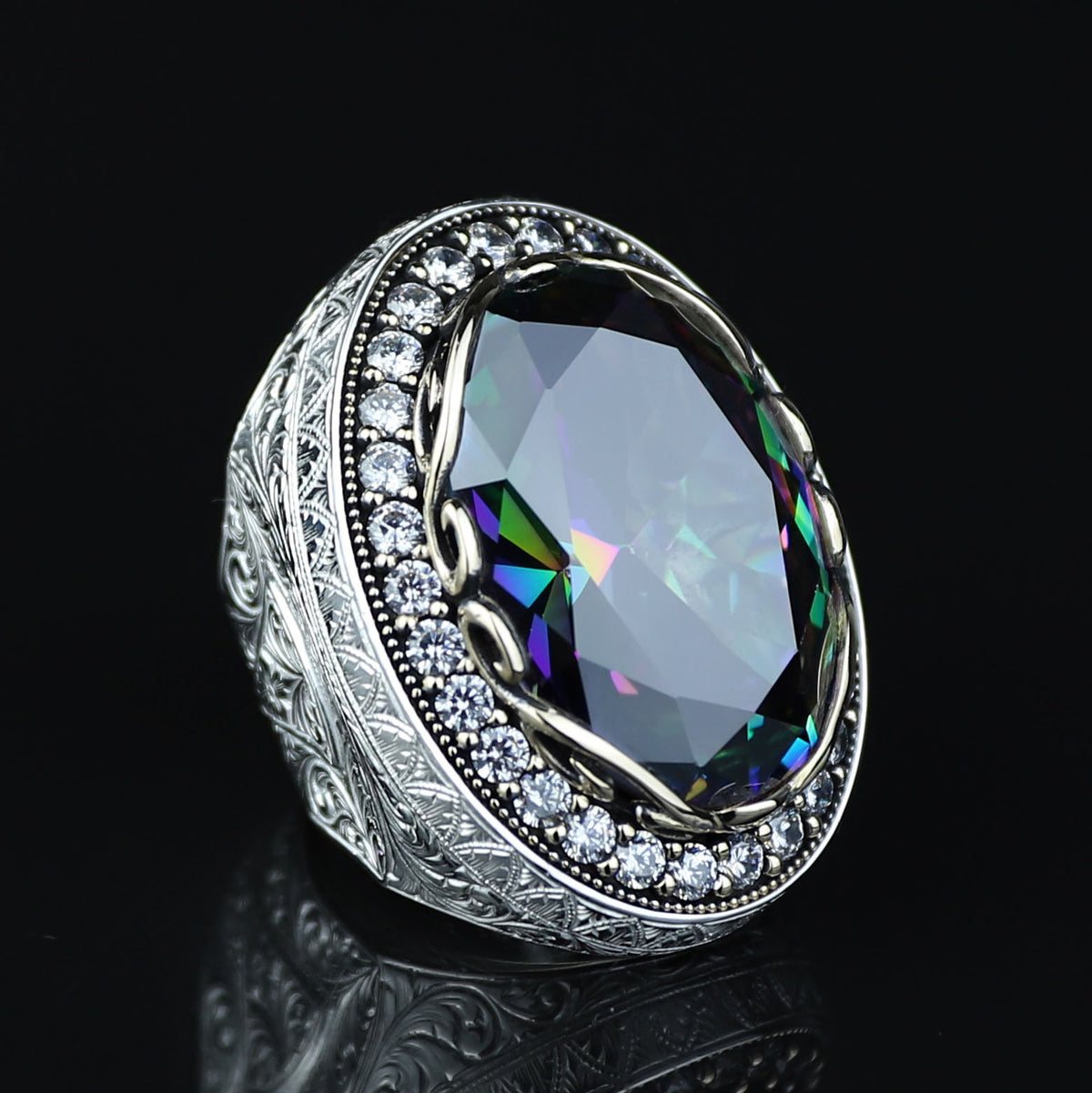Men Silver Large Mystic Topaz Ring, Rainbow Gemstone Ring, Solid Silver Handmade Large Ring, Colorized Gemstone Ring